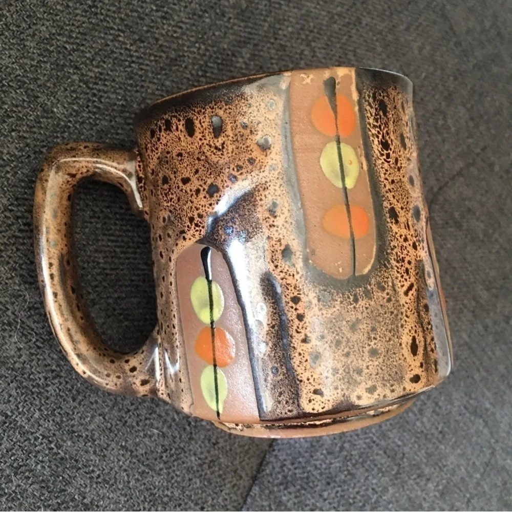 Handmade Mug in Neutral + Neon Artistic Splatter Pattern, Brown, Orange, 10oz
